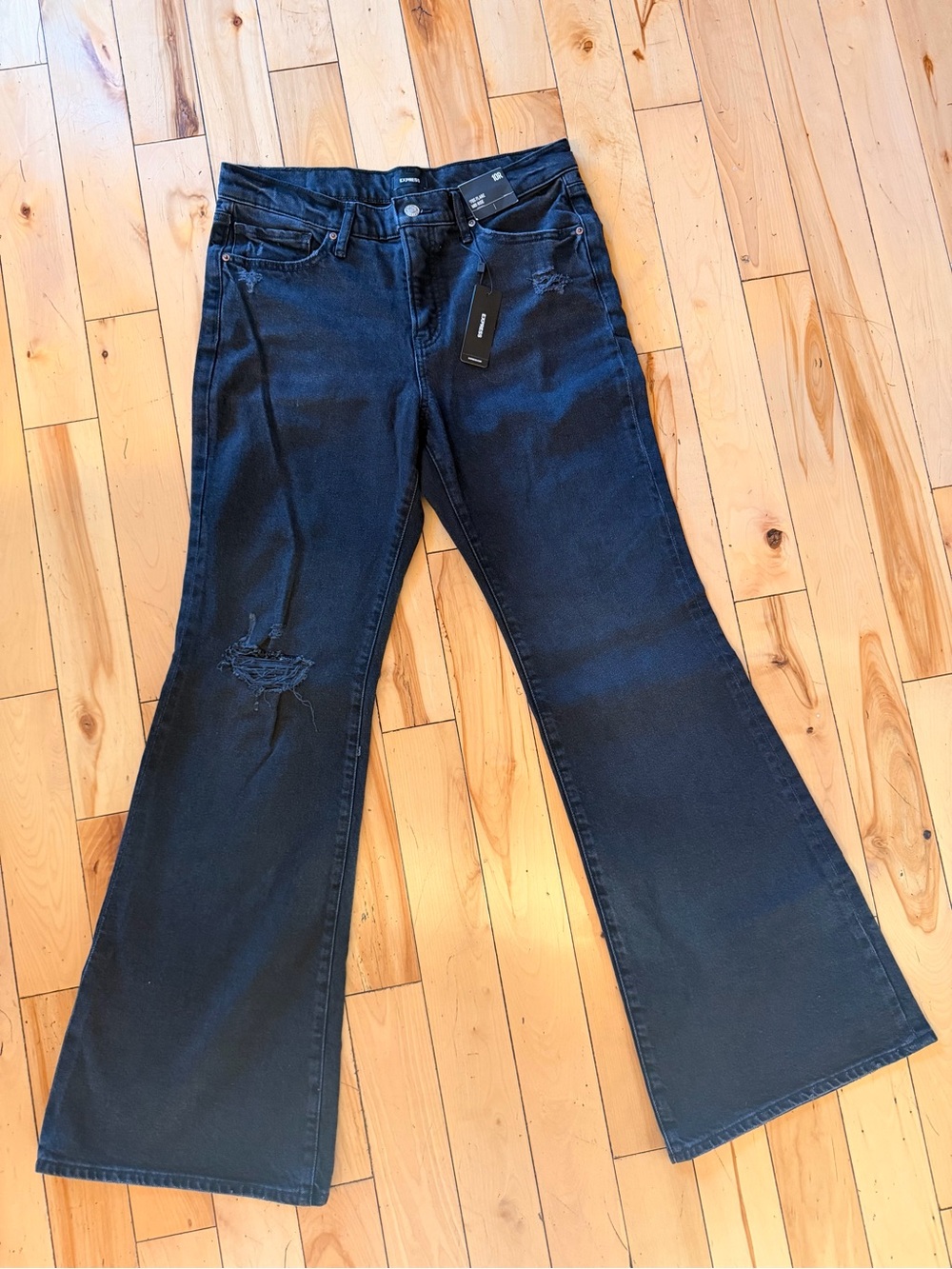 Express Black Flare Jeans with Distressed Knee